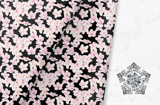 Sakura cushion, Pink Cherry blossom flower fabric pattern on a black background